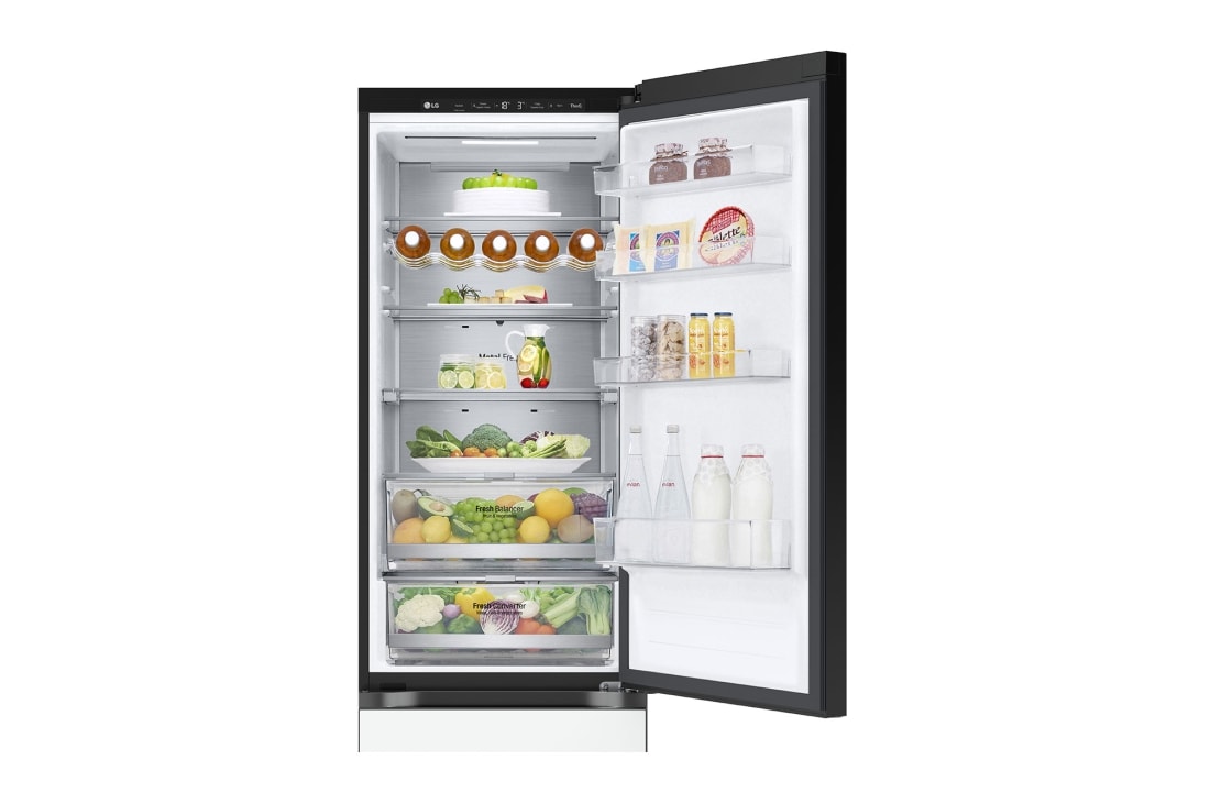 LG Hladnjak sa zamrzivačem u donjem dijelu, DoorCooling+™ i ThinQ™ tehnologija, kapacitet 387L, Prednja gornja vrata otvorena s pogledom na hranu, GBB72TW9DQ, thumbnail 9