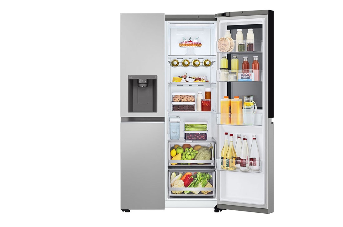 LG InstaView™ Side-by-Side hladnjak, DoorCooling+™ i ThinQ™ tehnologija, kapacitet 635L, Prednja gornja vrata otvorena s pogledom na hranu, GSGV81PYLL, thumbnail 12