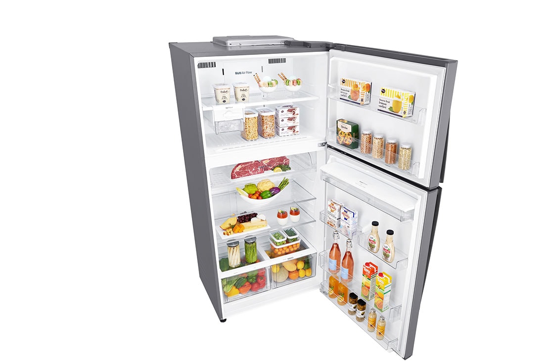 LG Hladnjak sa zamrzivačem u gornjem dijelu, DoorCooling+™ i ThinQ™ tehnologija, kapacitet 592L, Prednja gornja vrata otvorena s pogledom na hranu, GTF916PZPED, thumbnail 8