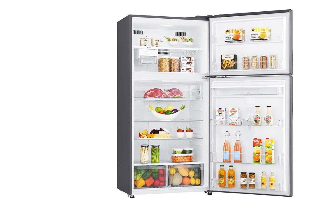 LG Hladnjak sa zamrzivačem u gornjem dijelu, DoorCooling+™ i ThinQ™ tehnologija, kapacitet 592L, Otvorena lijeva vrata s pogledom na hranu, GTF916PZPED, thumbnail 9