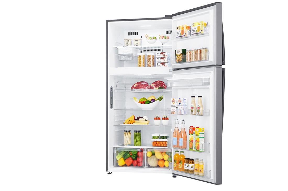 LG Hladnjak sa zamrzivačem u gornjem dijelu, DoorCooling+™ i ThinQ™ tehnologija, kapacitet 592L, Otvorena lijeva vrata s pogledom na hranu, GTF916PZPED, thumbnail 11