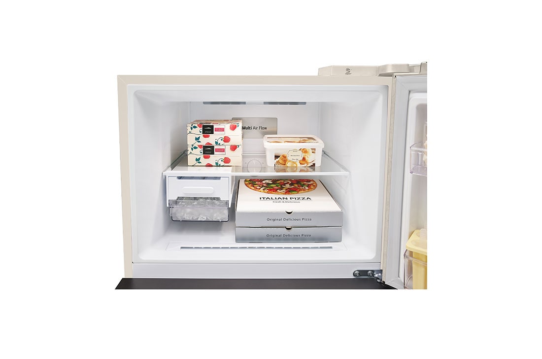 LG Hladnjak sa zamrzivačem u gornjem dijelu, DoorCooling+™ i ThinQ™ tehnologija, kapacitet 461L, Prednja gornja vrata otvorena s pogledom na hranu, GTBV44SEBKD, thumbnail 4