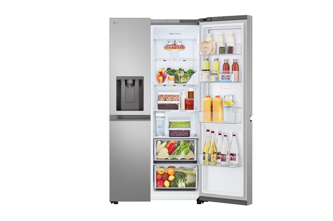 LG Door-in-Door™ Side-by-Side hladnjak, kapacitet 641L, Prednja gornja vrata otvorena s pogledom na hranu, GSJC41PYPE, thumbnail 4