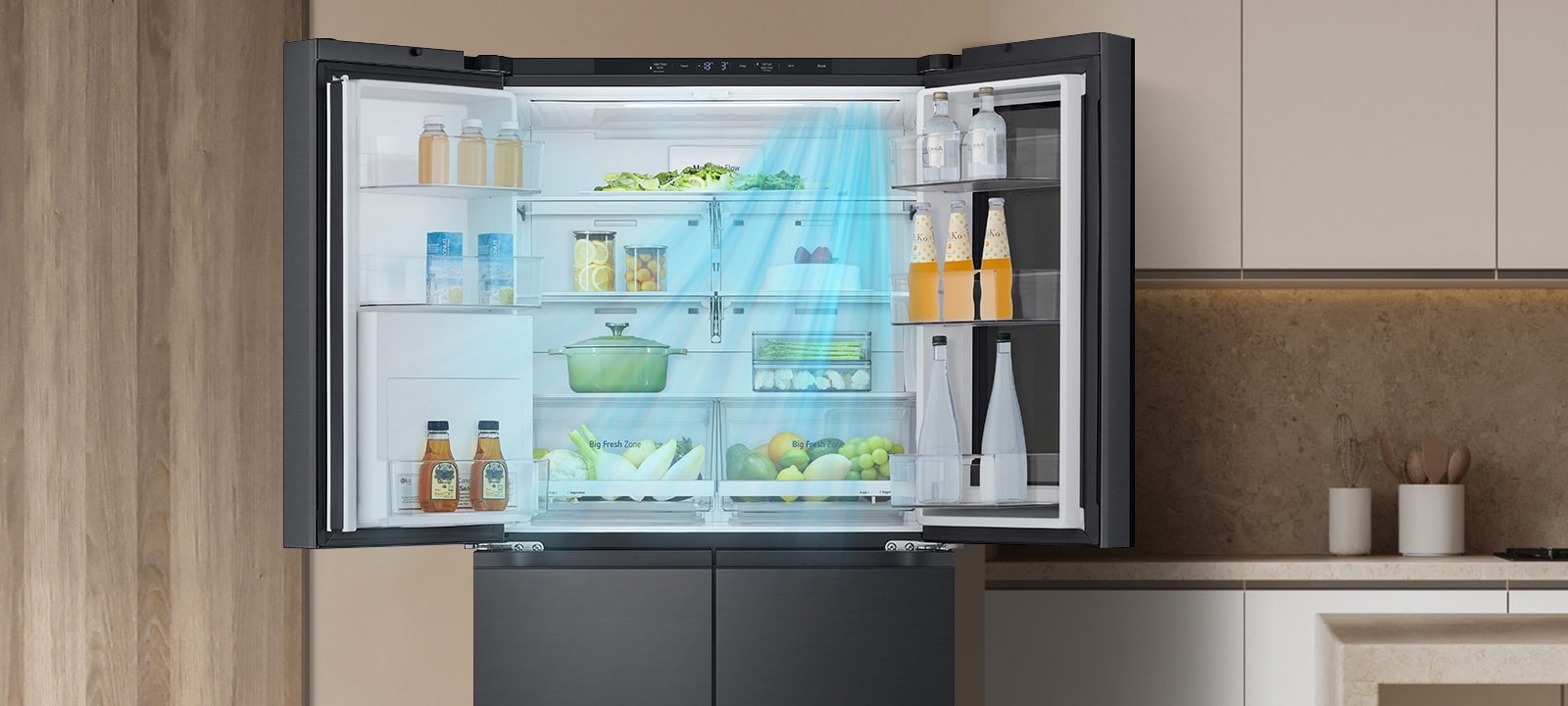 LG DoorCooling⁺™ tehnologija pomaže da hrana i piće u frižideru održe konstantnu temperaturu.