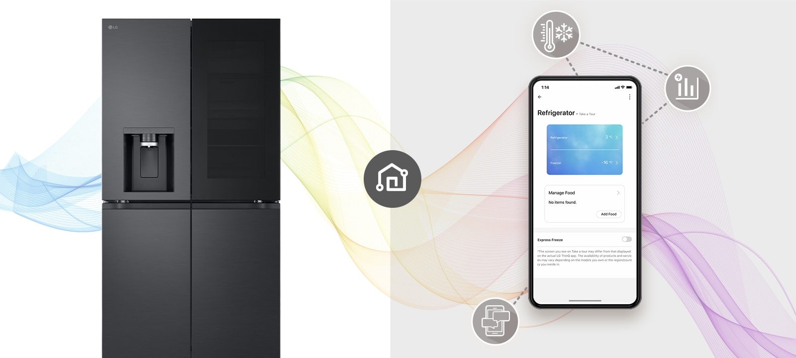 LG InstaView hladnjak s više vrata i mobilni telefon s aplikacijom LG ThinQ™.