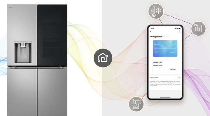 LG InstaView hladnjak s više vrata i mobilni telefon s aplikacijom LG ThinQ™.