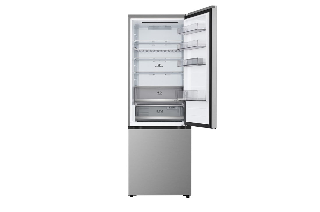 LG Hladnjak sa zamrzivačem u donjem dijelu, DoorCooling+™ i ThinQ™ tehnologija, kapacitet 465L, Prednja gornja vrata otvorena s pogledom na hranu, GBBW322CPY, thumbnail 4