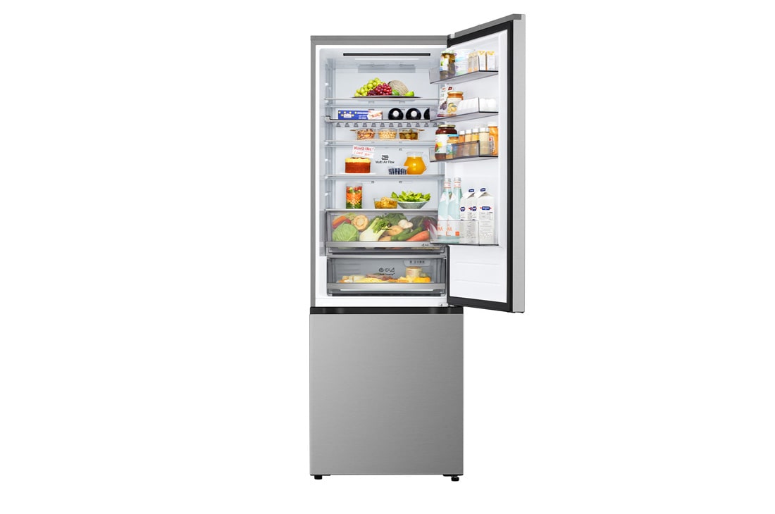 LG Hladnjak sa zamrzivačem u donjem dijelu, DoorCooling+™ i ThinQ™ tehnologija, kapacitet 465L, Prednja gornja vrata otvorena s pogledom na hranu, GBBW322CPY, thumbnail 5