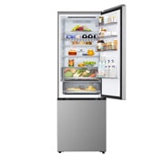LG Hladnjak sa zamrzivačem u donjem dijelu, DoorCooling+™ i ThinQ™ tehnologija, kapacitet 465L, Prednja gornja vrata otvorena s pogledom na hranu, GBBW322CPY, thumbnail 5
