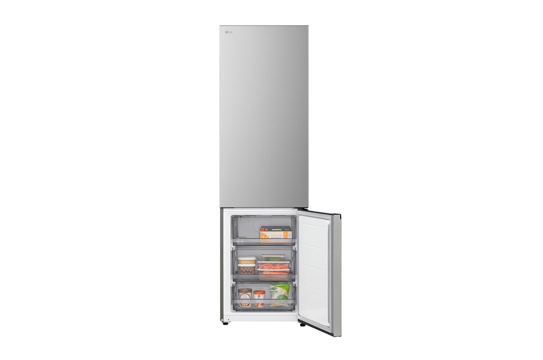LG Hladnjak sa zamrzivačem u donjem dijelu, DoorCooling+™ i ThinQ™ tehnologija, kapacitet 375L, Prednja gornja vrata otvorena s pogledom na hranu, GBBSJ2CCPY, thumbnail 5
