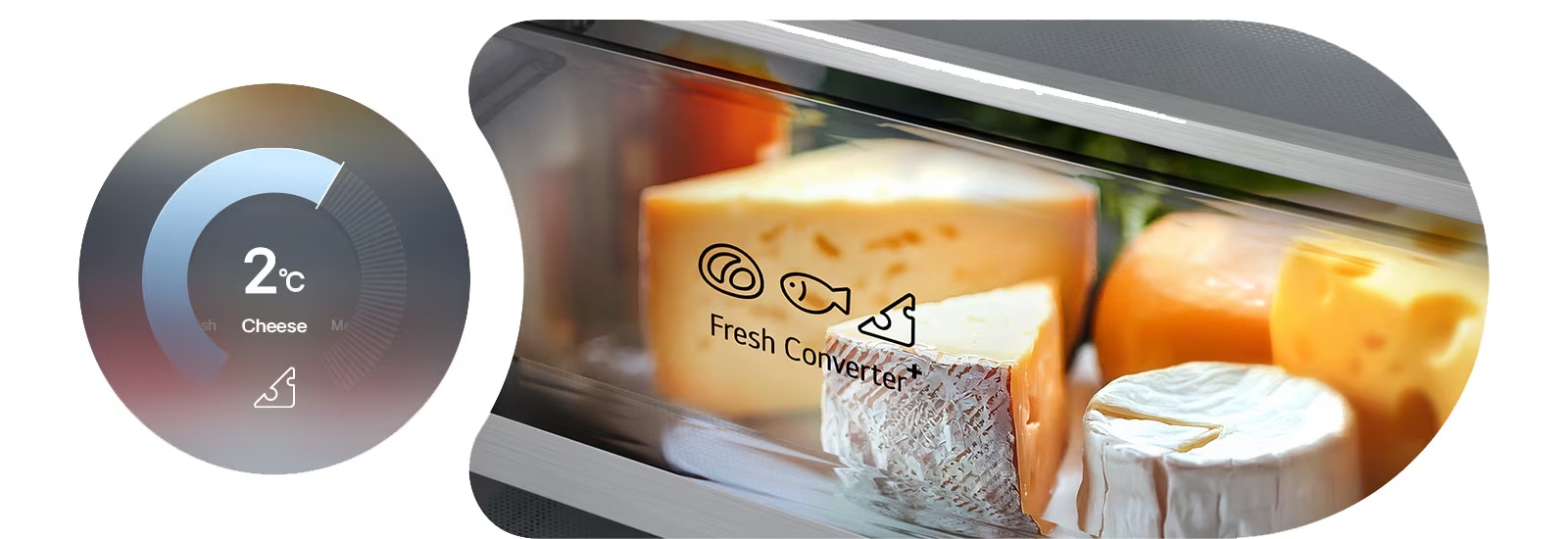 Grafikon LG donjeg zamrzivača s kružnim dijagramom koji prikazuje 2°C lijevo i svježi sir pohranjen u kutiji Fresh Converter desno