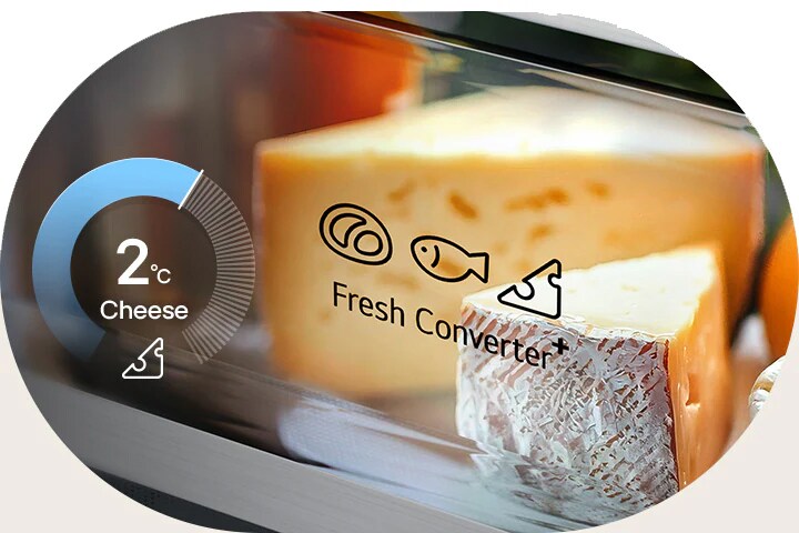 Grafikon LG donjeg zamrzivača s kružnim dijagramom koji prikazuje 2°C lijevo i svježi sir pohranjen u kutiji Fresh Converter desno