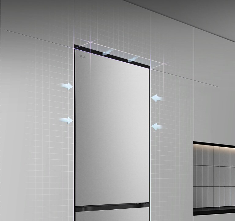 LG donji zamrzivač se besprijekorno ugrađuje u kuhinjske ormariće sa strelicama koje ilustriraju besprijekorno pristajanje.