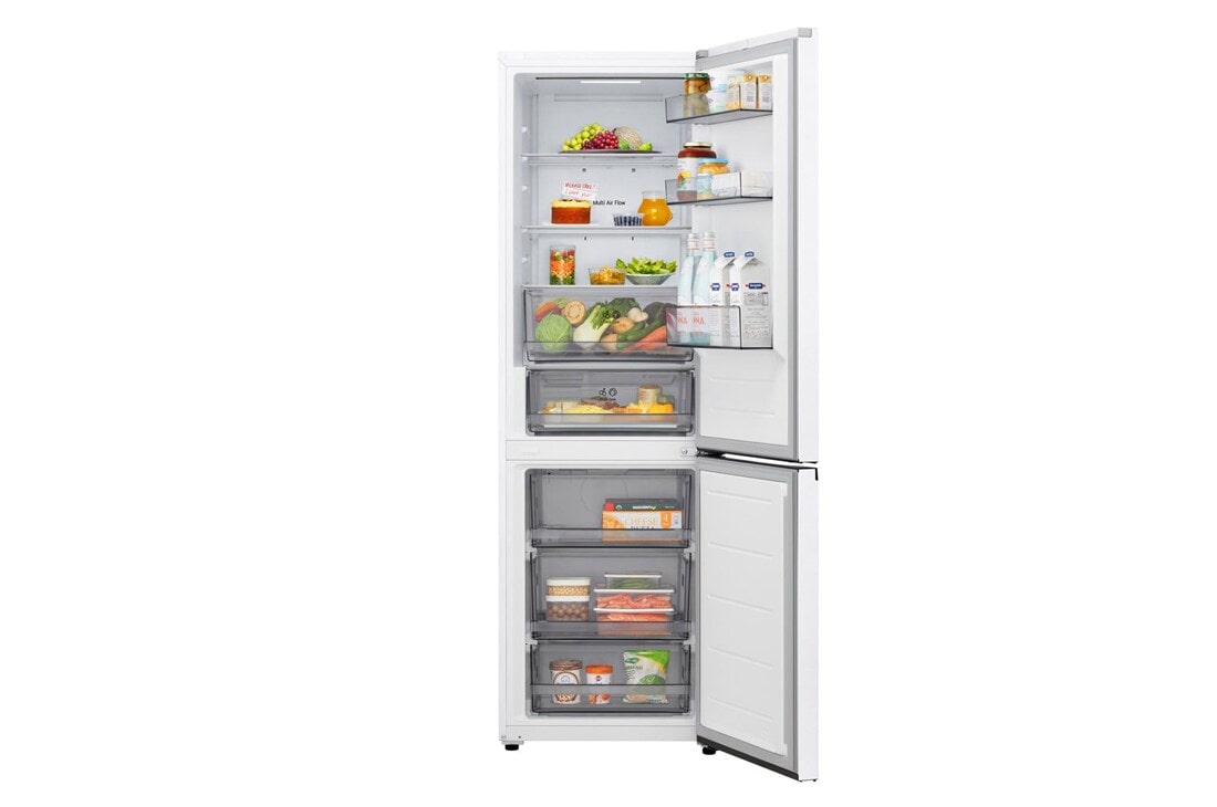 LG Hladnjak sa zamrzivačem u donjem dijelu, DoorCooling+™ i ThinQ™ tehnologija, kapacitet 333L, Otvorena prednja vrata s pogledom na hranu, GBBSJ10ESW, thumbnail 3