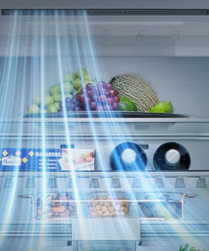 Pogled na unutrašnjost LG donjeg zamrzivača s policama voća, povrća, pića i grickalica s plavim linijama protoka zraka s lijeve strane