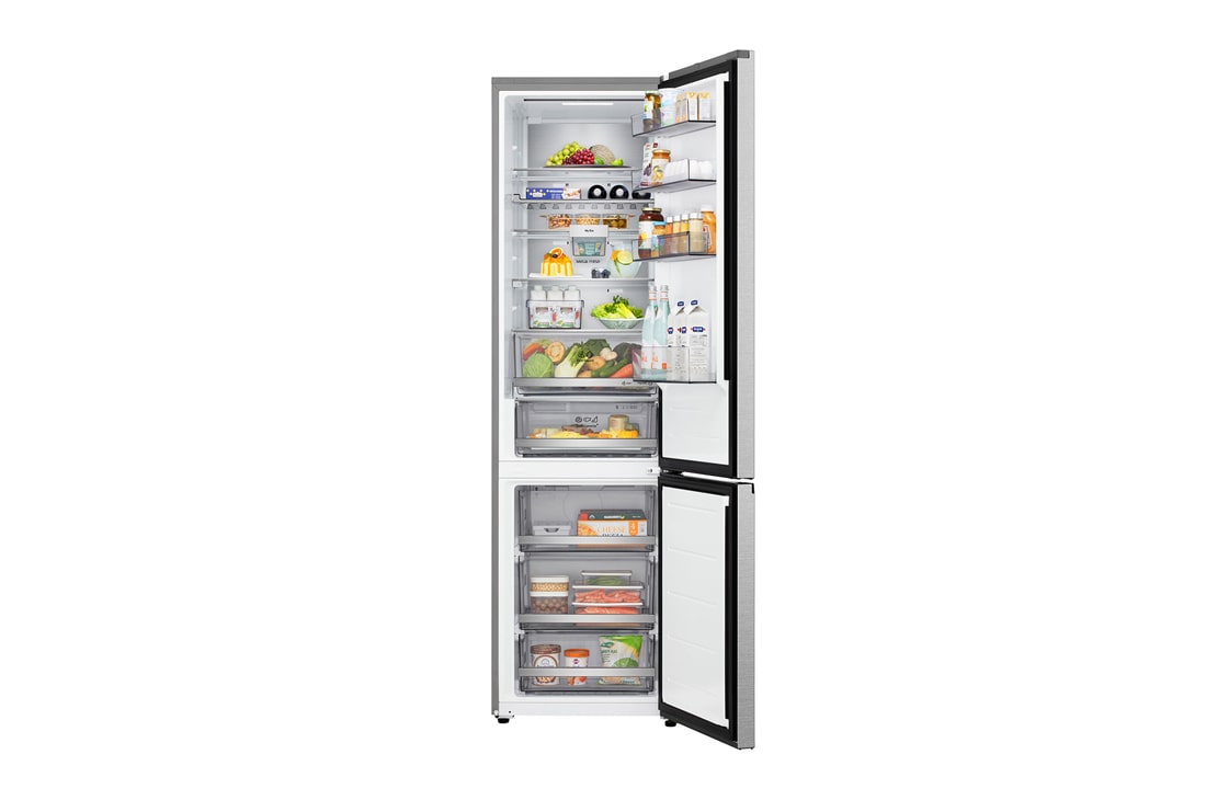 LG Hladnjak sa zamrzivačem u donjem dijelu, DoorCooling+™ i ThinQ™ tehnologija, kapacitet 375L, Pogled sprijeda s otvorenim vratima, GBBS726AMB, thumbnail 3