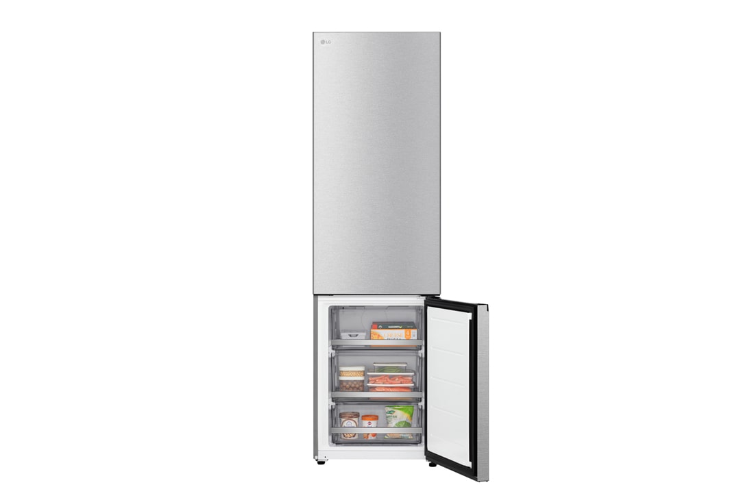 LG Hladnjak sa zamrzivačem u donjem dijelu, DoorCooling+™ i ThinQ™ tehnologija, kapacitet 375L, Prednja gornja vrata otvorena s pogledom na hranu, GBBS726CMB, thumbnail 4