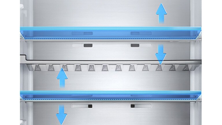 Unutrašnjost LG hladnjaka s pet polica i podesivim razinama visine prikazanim plavim strelicama koje označavaju vertikalno kretanje