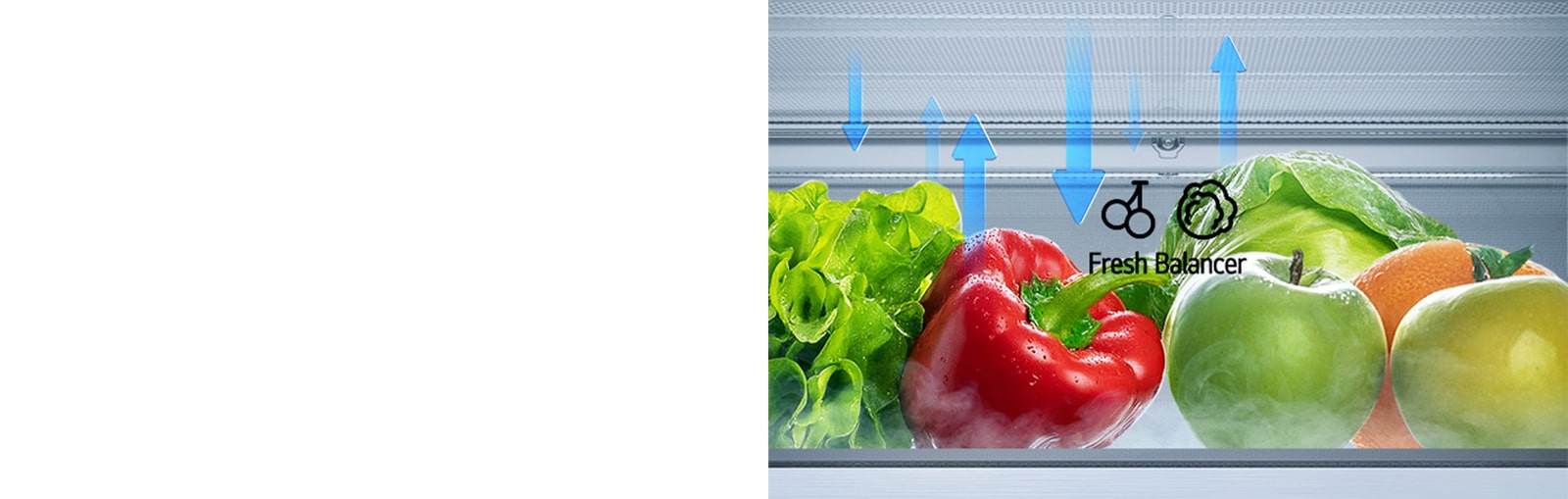 LG hladnjak s donjim zamrzivačem i ladicom FRESH Balancer™ koja prikazuje kretanje vlage.