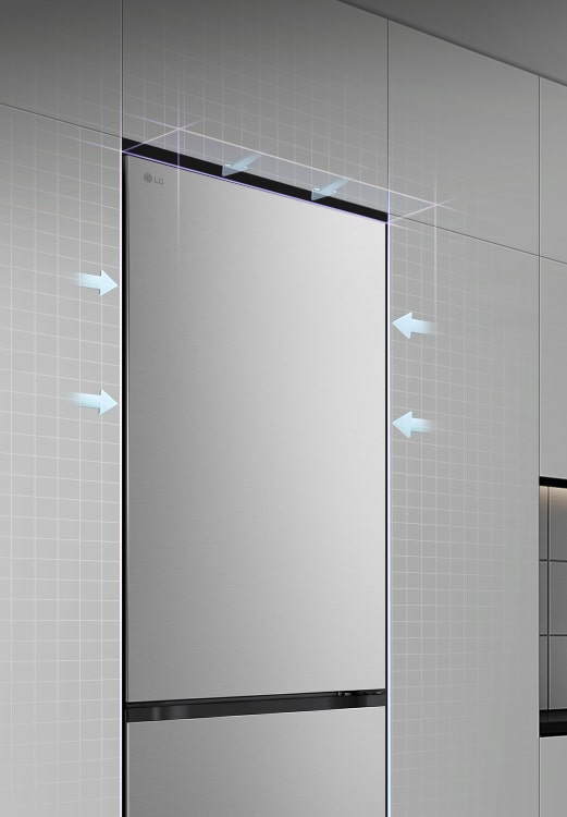 LG donji zamrzivač se besprijekorno ugrađuje u kuhinjske ormariće sa strelicama koje ilustriraju besprijekorno pristajanje.