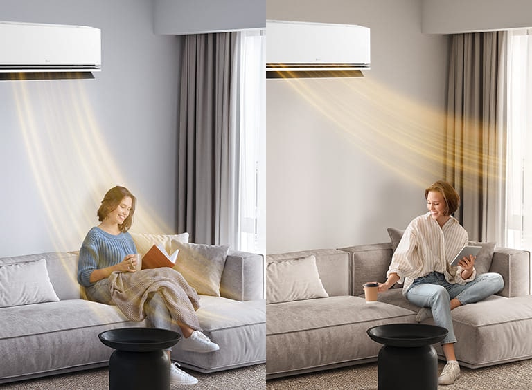 Žena uživa u opciji UI grijanja AI Heating iz LG klima-uređaja, koji omogućuje protok prilagođenog toplog zraka za osjećaj ugode.