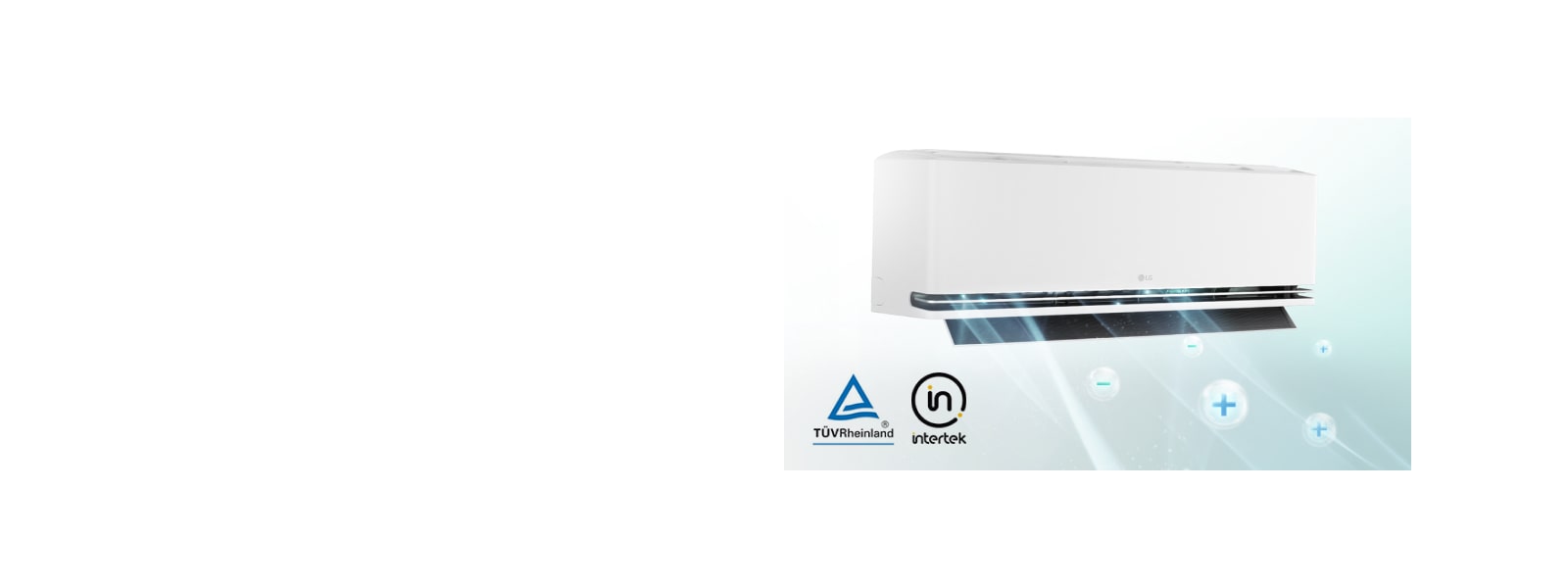 Bijeli klima-uređaj montiran na zidu prikazuje funkciju ionizatora i logotipe tvrtki TÜV Rheinland i Intertek.