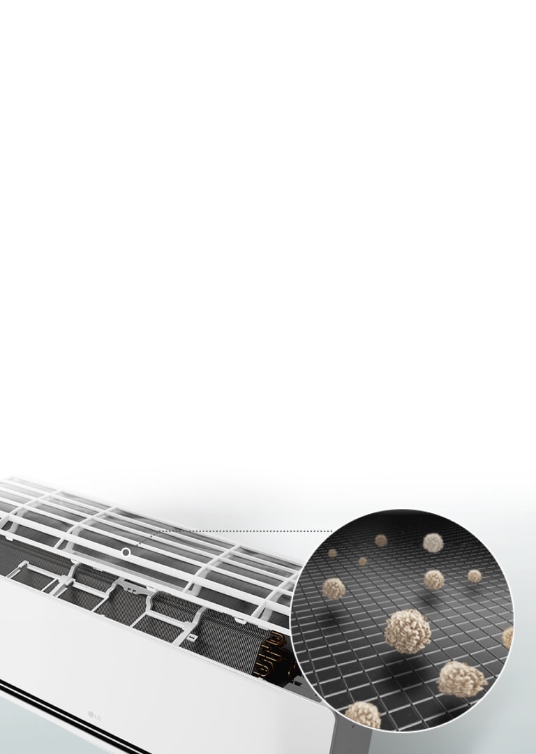 LG klima-uređaj s otvorenom oplatom pir čemu se u krupnom planu prikazuje predfiltar koji hvata čestice prašine.