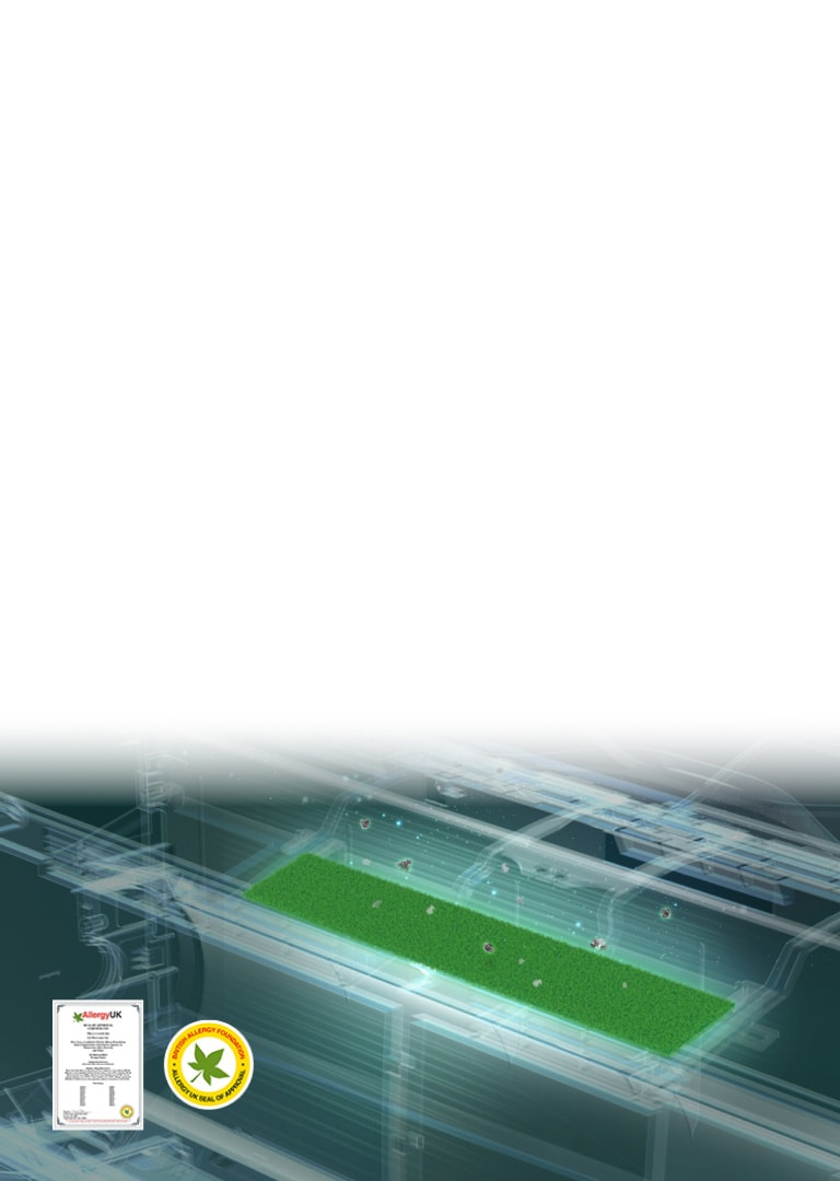 Klima uređaj s antialergijskim filtrom koji hvata čestice i s certifikatom organizacije Allergy UK i prikazanom oznakom.