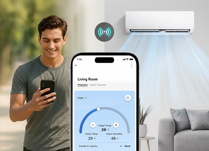 Slika klima-uređaja koji ispuhuje hladan zrak s jedne strane i topao zrak s druge, prikazujući oba načina protoka zraka.