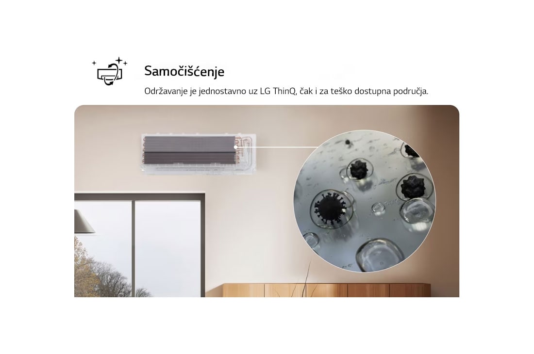 LG 3,5 kW ARTCOOL™ AI Air Single Split klima-uređaj s jednom unutarnjom jedinicom, Slika koja prikazuje značajku potpunog čišćenja All Cleaning LG klima-uređaja. Vizualni prikaz naglašava unutarnji proces čišćenja, s krupnim planom koji prikazuje uklanjanje prljavštine i klica. Teks, AA12SP, thumbnail 6