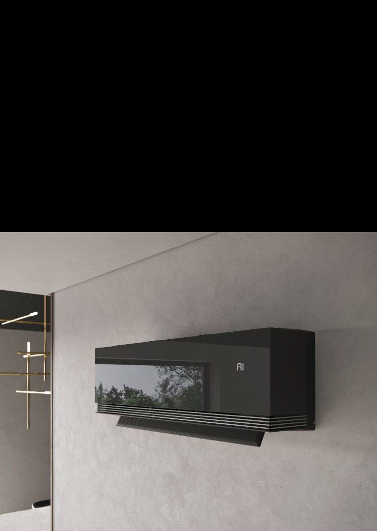 LG ARTCOOL klima uređaj s elegantnim crnim zrcalnim završnim premazom montiran na modernom zidu, prikazuje '18' na svom digitalnom zaslonu.