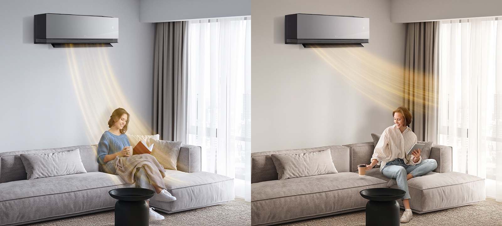 Žena uživa u opciji UI grijanja AI Heating iz LG klima-uređaja, koji omogućuje protok prilagođenog toplog zraka za osjećaj ugode.