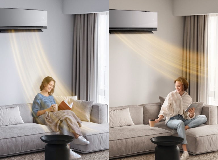 Žena uživa u opciji UI grijanja AI Heating iz LG klima-uređaja, koji omogućuje protok prilagođenog toplog zraka za osjećaj ugode.