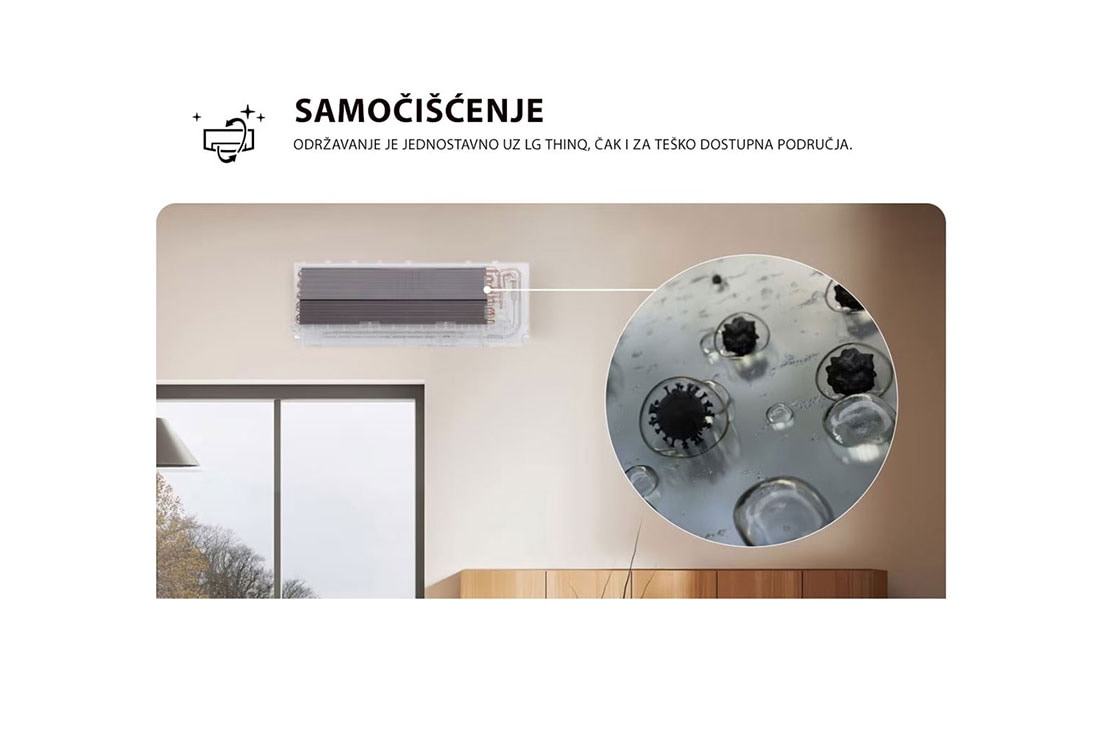 LG 2,5 kW ARTCOOL™ AI Air Single Split klima-uređaj s jednom unutarnjom jedinicom, Slika koja prikazuje značajku potpunog čišćenja All Cleaning LG klima-uređaja. Vizualni prikaz naglašava unutarnji proces čišćenja, s krupnim planom koji prikazuje uklanjanje prljavštine i klica. Teks, AA09SP, thumbnail 6