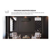 LG 3,5 kW ARTCOOL™ AI Air Single Split klima-uređaj s jednom unutarnjom jedinicom, Moderan prostor s crnim LG klima-uređajem na tamnom zidu, pločama s ogledalima i elegantnim garniturama za sjedenje. Tekst glasi: 'Vrhunski umjetnički dizajn: crni stakleni zrcalni završni premaz klju, AA12SP, thumbnail 3