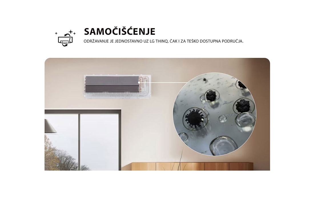 LG 5,0 kW ARTCOOL™ AI Air Single Split klima-uređaj s jednom unutarnjom jedinicom, Slika koja prikazuje značajku potpunog čišćenja All Cleaning LG klima-uređaja. Vizualni prikaz naglašava unutarnji proces čišćenja, s krupnim planom koji prikazuje uklanjanje prljavštine i klica. Teks, AA18SP, thumbnail 6