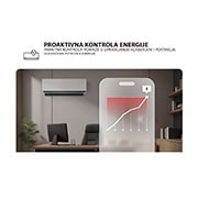 LG 6,6 kW DUALCOOL AI Air Deluxe Single Split klima-uređaj s jednom unutarnjom jedinicom, LG klima-uređaj sa značajkom Proactive Energy Control. Pametni telefon prikazuje grafikon potrošnje energije s crvenim upozorenjem, upravljanje hlađenjem i ograničenjima. Tekst: 'Proaktivna kontrola e, H24S1DA, thumbnail 5