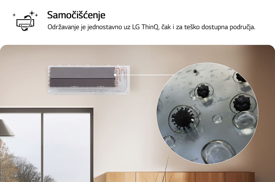 LG 3,5 kW DUALCOOL AI Air Premium Single Split klima-uređaj s jednom unutarnjom jedinicom, Slika koja prikazuje značajku potpunog čišćenja All Cleaning LG klima-uređaja. Vizualni prikaz naglašava unutarnji proces čišćenja, s krupnim planom koji prikazuje uklanjanje prljavštine i klica. Teks, H12S1PA, thumbnail 6