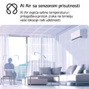 LG 3,5 kW DUALCOOL AI Air Premium Single Split klima-uređaj s jednom unutarnjom jedinicom, Ilustrativni prikaz tehnologije LG AI Air u dnevnom boravku s klima-uređajem montiranim na zidu. Sustav prilagođava protok zraka detektiranjem sobne temperature i mjesta na kojem se nalazi korisnik. P, H12S1PA, thumbnail 3