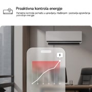 LG 3,5 kW DUALCOOL AI Air Premium Single Split klima-uređaj s jednom unutarnjom jedinicom, LG klima-uređaj sa značajkom Proactive Energy Control. Pametni telefon prikazuje grafikon potrošnje energije s crvenim upozorenjem, upravljanje hlađenjem i ograničenjima. Tekst: 'Proaktivna kontrola e, H12S1PA, thumbnail 5