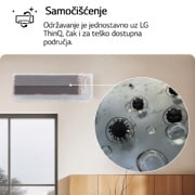 LG 3,5 kW DUALCOOL AI Air Premium Single Split klima-uređaj s jednom unutarnjom jedinicom, Slika koja prikazuje značajku potpunog čišćenja All Cleaning LG klima-uređaja. Vizualni prikaz naglašava unutarnji proces čišćenja, s krupnim planom koji prikazuje uklanjanje prljavštine i klica. Teks, H12S1PA, thumbnail 6