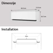 LG 3,5 kW DUALCOOL AI Air Premium Single Split klima-uređaj s jednom unutarnjom jedinicom, Slika prikazuje dimenzije LG klima-uređaja i smjernice za instalaciju. Dimenzije: širina 89,5 cm, dubina 23,5 cm i visina 30,7 cm. Instalacija: potrebno je 10 cm slobodnog prostora s obje strane, 12 c, H12S1PA, thumbnail 7