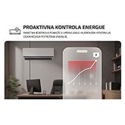 LG 2,5 kW DUALCOOL AI Air Premium Single Split klima-uređaj s jednom unutarnjom jedinicom, LG klima-uređaj sa značajkom Proactive Energy Control. Pametni telefon prikazuje grafikon potrošnje energije s crvenim upozorenjem, upravljanje hlađenjem i ograničenjima. Tekst: 'Proaktivna kontrola e, H09S1PA, thumbnail 5