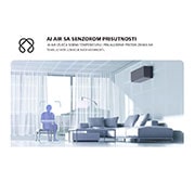 LG 3,2 kW DUALCOOL Nordic Deluxe AI Air klima-uređaj s jednom unutarnjom i vanjskom jedinicom, Klima-uređaj s dvostrukim krilcem LG Dual Vane prikazan u dnevnom boravku. Hladan zrak struji prema gore s lijeve strane, topli zrak prema dolje s desne strane. Popratni tekst glasi: 'Dvostruko krilce, NH09SP, thumbnail 3