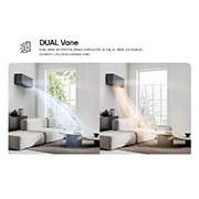 LG 3,2 kW DUALCOOL Nordic Deluxe AI Air klima-uređaj s jednom unutarnjom i vanjskom jedinicom, Klima-uređaj s dvostrukim krilcem LG Dual Vane prikazan u dnevnom boravku. Hladan zrak struji prema gore s lijeve strane, topli zrak prema dolje s desne strane. Popratni tekst glasi: 'Dvostruko krilce, NH09SP, thumbnail 4