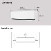 LG 3,2 kW DUALCOOL Nordic Deluxe AI Air klima-uređaj s jednom unutarnjom i vanjskom jedinicom, Slika prikazuje dimenzije LG klima-uređaja i smjernice za instalaciju. Dimenzije: širina 89,5 cm, dubina 23,5 cm i visina 30,7 cm. Instalacija: potrebno je 10 cm slobodnog prostora s obje strane, 12 c, NH09SP, thumbnail 7
