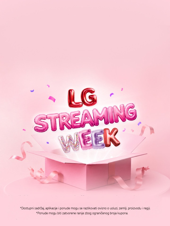 Šareni natpis „LG Streaming Week” u obliku balona izdiže se iz otvorene ružičaste poklon-kutije, okružen vrpcama i konfetima na nježno ružičastoj pozadini.