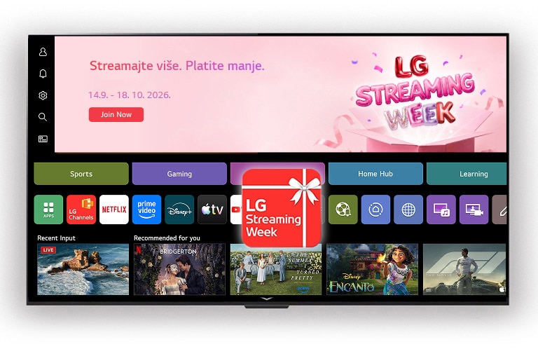 Početni zaslon sučelja webOS s natpisom LG Streaming Week i ikonom aplikacije te aplikacijama za streaming i preporučenim sadržajem prikazanima na zaslonu.