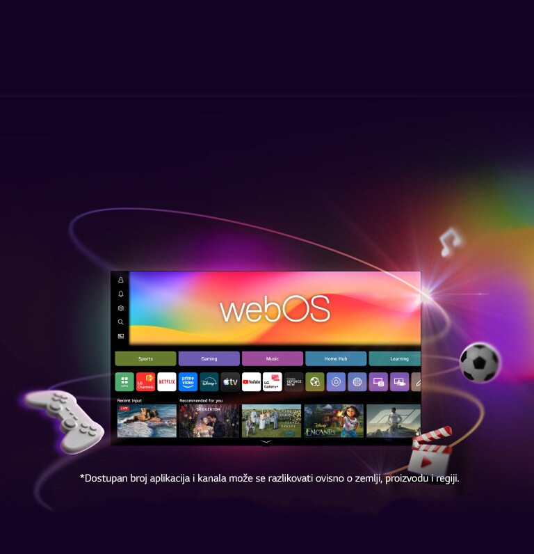Na pametnom televizoru LG Smart TV prikazuje se početni zaslon sa zabavnim aplikacijama i elementima korisničkog sučelja LG Channels UI koji se dinamički šire prema vani, ističući više od 4000 globalnih aplikacija i kanala.