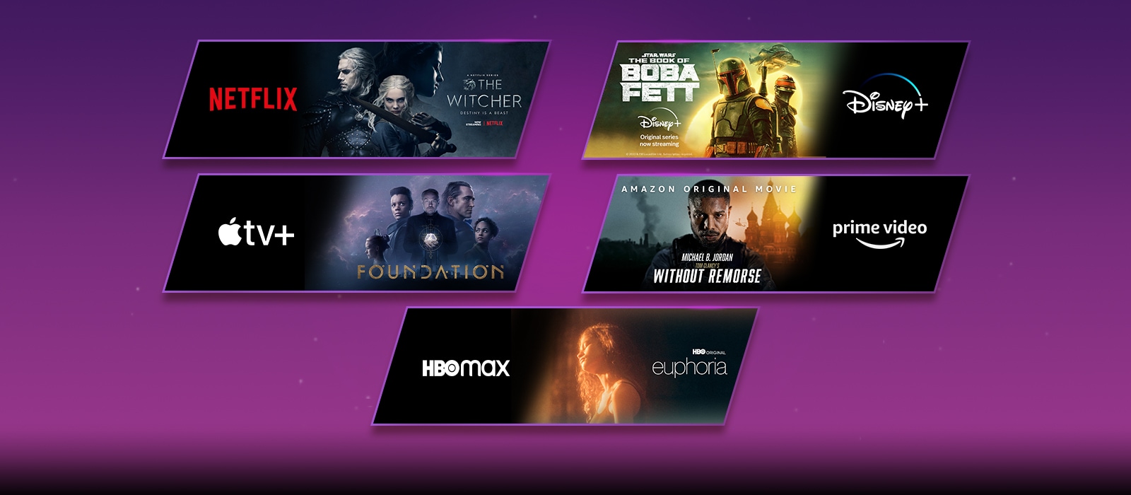 Pet je blokova slika – svaki s logotipom platforme za streaming i slikom snimke. Logotip za Netflix sa serijom Vještac, logotip za Disney plus sa serijom Boba Fett, logotip za Apple TV plus sa serijom Foundation, logotip za Prime Video sa serijom Without Remorse te logotip za LG Channels i samo logotip.  